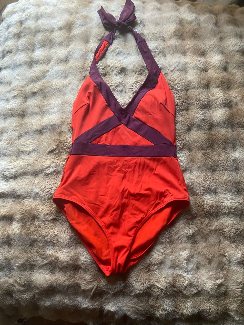 Boden Red One-Piece Swimsuit with Purple Trim